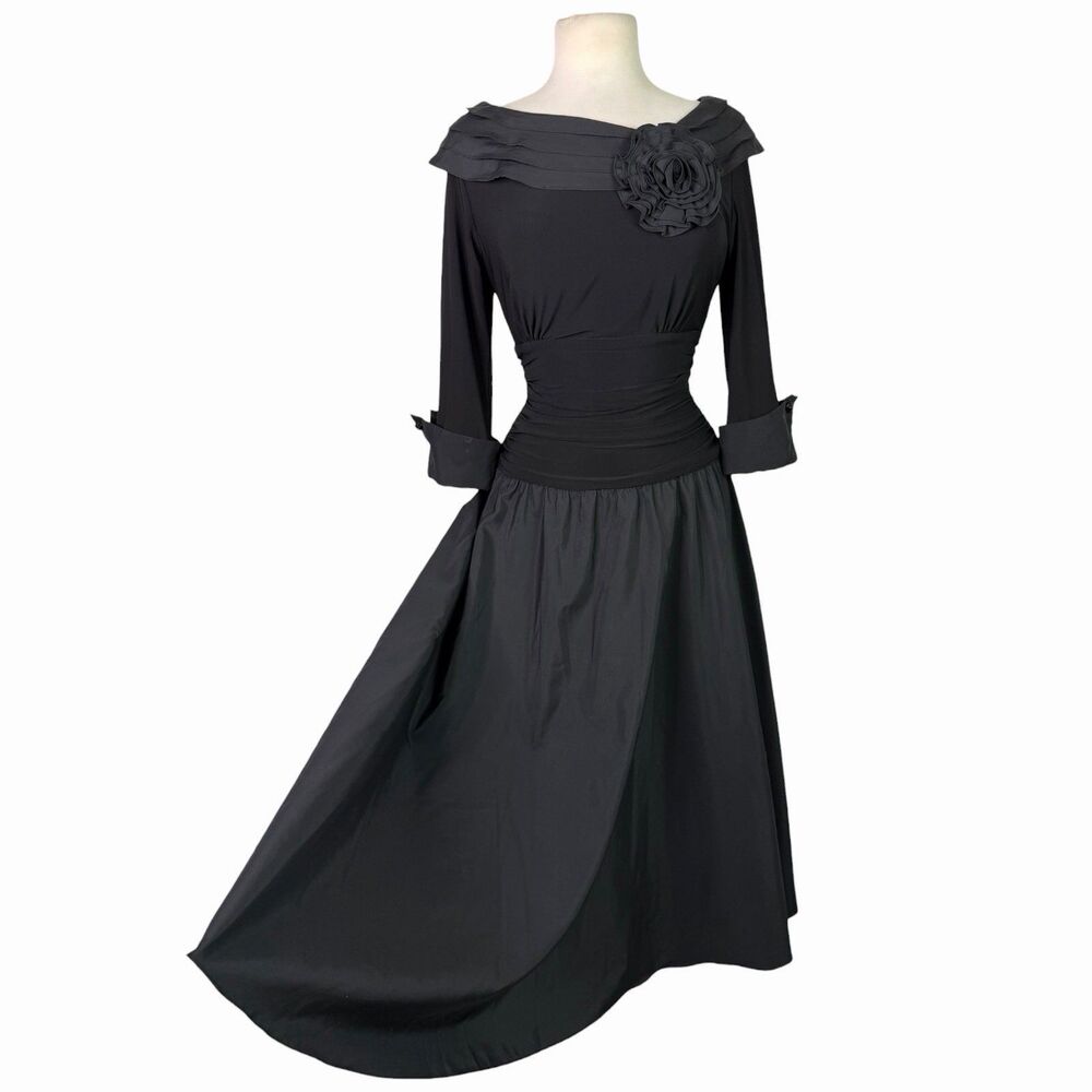 Jessica Howard Retro Portrait Collar Black Taffeta Swing Cocktail Dress Medium 8